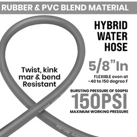 YOTOO Heavy Duty Hybrid Garden Water Hose 5/8-Inch by 75-Feet 150 PSI Kink Resistant, Flexible with Swivel Grip Handle and 3/4" GHT Solid Brass Fittings, Gray