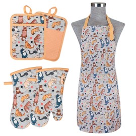 Alselo Oven Mitts and Pot Holders with Chef Apron,set of 5 Heat Resistant Kitchen Gloves and Silicone Non-Slip Potholders Adjustable Neck Buckle Chef Apron, Cotton Nice Design for Cooking (Cat)