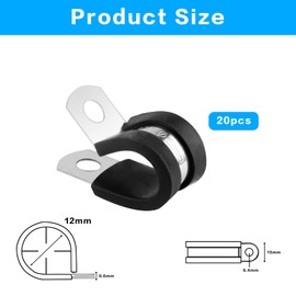 Stainless Steel Rubber Lined P Clips Assorted, 20 Pcs 12mm Hose Pipe Clamps, Hose Clips Conduit Clips, Rubber-Lined P-Clips Metal Wire Cable Clamps for Cable, Cord, Wire, Hose, Tube - 12mm
