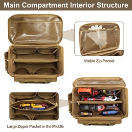 Rexmica 14-Inch Tool Bag with Anti-friction Bottom, Hand Tool Storage Organizer for Men, Tactical Range Bag, Multi-purpose Work Tote for Repairman, Carpenters, Handyman, Khaki