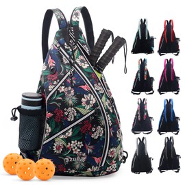 ZOEA Pickleball Bag, Sport Pickleball Sling Bag for Women Man, Adjustable Pickleball Backpack with Fence Hook Water Bottle Holder, Fits 4 Paddles and All Your Other Gear, Flower Black, L, Pickleball