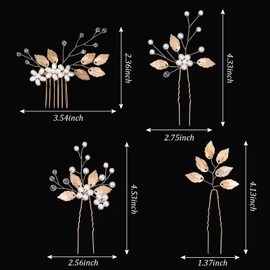 4 Pieces Wedding Hair Accessories, Gold Leaf Crystal Pearl Hair Pins Clips, Elegant Pearl Floral Rhinestone Bridal Combs for Bride and Bridesmaid Accessories
