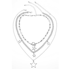 Mabor Star Necklace Y2k Silver Necklace Grunge Layered Necklace Cute Aesthetic Stack Toggle Chain Necklaces for Women Vintage Emo Jewelry