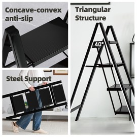 HillhutApex 4 Step Ladder, Lightweight Foldable 4 Step Stool with Anti-Slip Wide Pedal, 330lbs Capacity Aluminum Ladder for Household,Office,Garage(Black)