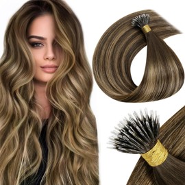 LaaVoo Nano Ring Hair Extensions Real Human Hair 22 Inch - Balayage Dark Brown Mix Caramel Blonde, Remy Straight & Natural Look Nano Beads 50s 50g #4/27/4
