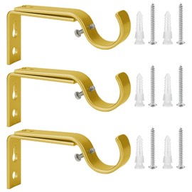 Ycolnaefllr Set of 3 Golden Adjustable Curtain Rod Brackets Rod Holders Curtain Rod Hanging Brackets for 22-28mm Rod
