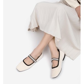 Ailixcozy Ballet Flats for Women, Square Toe Mary Jane Shoes Comfortable Dressy Flats Adjustable Straps Washable Knit Casual Office Shoes with Arch Support Latex Insole