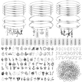 363 Pieces Charm Bracelets DIY Kit, 17 Pieces Expandable Bangle Bracelets Adjustable Wire Blank Bangles, 146 Pieces Silver Charms Pendants, 200 Pieces Open Jump Rings for Women Crafts Jewelry Making