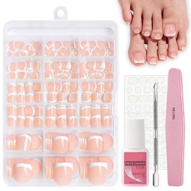 French Press on Toenails Kit, 240Pcs French Tip False Toenails Short, Square Fake Toe Nails, 15 Sizes Full Cover Stick on Toenail with Nail Glue for Women Nail Art Manicure Decorations