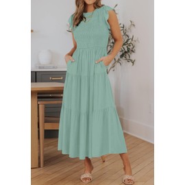 Coloody Women's 2024 Summer Casual Midi Dress Boho Flutter Sleeve Crew Neck Smocked Elastic Waist Tiered A-Line Long Beach Dress(Light Green, M)