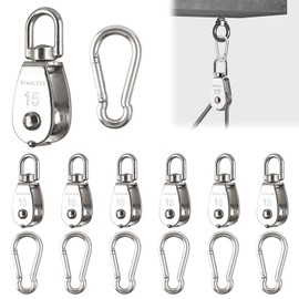 M15 Pulley, Pack of 6 Pulley M15 & 6 Carabiner M4, Stainless Steel Pulleys for Wire Ropes Ropes up to 6 mm Diameter, Load Capacity 35 kg (Silver) Roller for Awning, Fitness, Winch