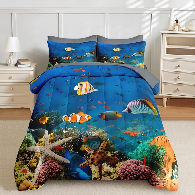 Queen Comforter Set with Sheets, 7 Pieces Underwater Sea Bedding
