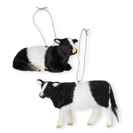 The Bridge Collection Set of 2 Faux Fur Cow Ornaments, 5" - Standing and Laying Black & White Dairy Cows - Cute Farm Animal Ornaments for Farmhouse Christmas Decor