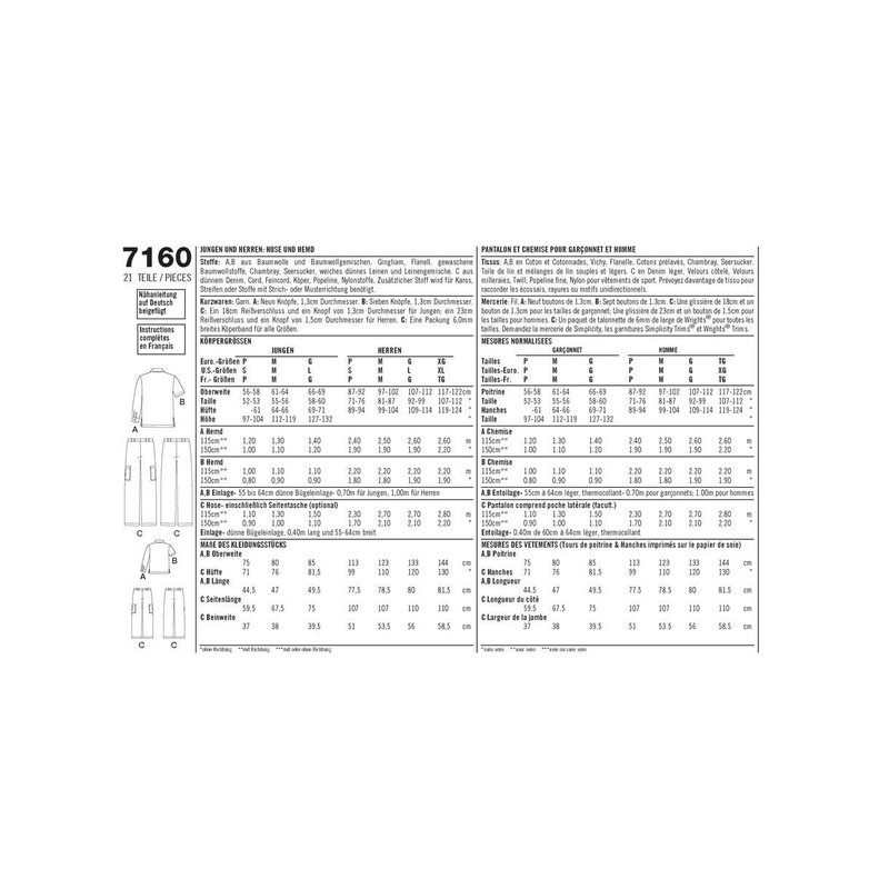 Simplicity Sewing Pattern 7160 A Boys and Men's Shirt Sizes