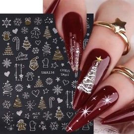 6 Sheets Christmas Nail Stickers Gold Sliver Snowflake Nail Art Stickers Decals 3D Self Adhesive Nail Decals Christmas Tree Heart Snowflakes Designs Winter Xmas Nail Stickers for Women DIY Manicure