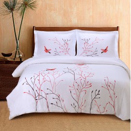 SUPERIOR Swallow Embroidered Duvet Cover Set, Long-Staple Cotton, Full/Queen, Red