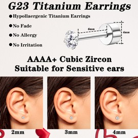 JOERICA Titanium Earrings for Sensitive Ears G23 Pure Titanium Stud Earrings for Women Hypoallergenic Titanium Cartilage Earrings 20G 2/3/4mm Cubic Zirconia Flat Back Earrings
