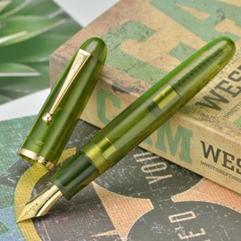 Jinhao 9019 Fountain Pen, Dadao Series #8 Heartbeat Fine Nib, Green Clear Acrylic Barrel with Gold Clip, Large Writing Pen