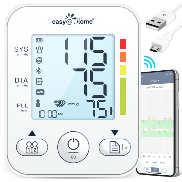 Blood Pressure Monitor for Home Use: Large Cuff Easy@Home Bluetooth Upper Arm BP Machine - Backlit LCD Display & 3 Users 500 Memory - iOS & Android APP EBP-08B