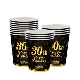 16Pcs Black Gold 30th Birthday Paper Cups,Birthday Tableware Party Cups Disposable,Happy 30th Birthday Table Decorations Cup Birthday Gifts for Women,Men,Ladies,Him,Her 30th Birthday Party Décor