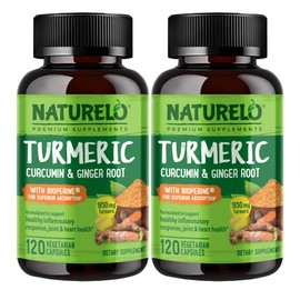 NATURELO NATURELO Turmeric Curcumin - BioPerine for Better Absorption - Black Pepper, Ginger Root, Curcuminoids - Plant-Based Joint Discomfort Support - 120 Vegan Capsules (Pack of 2)