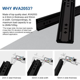 VADANIA 28" Heavy Duty Drawer Slide Without Lock #VA2053-b, Black-electroplated Cold-Rolled Steel, 2" Width Up to 264lb Load Capacity, 3-Fold Full Extension, Ball Bearing, Side Mount, 1-Pair