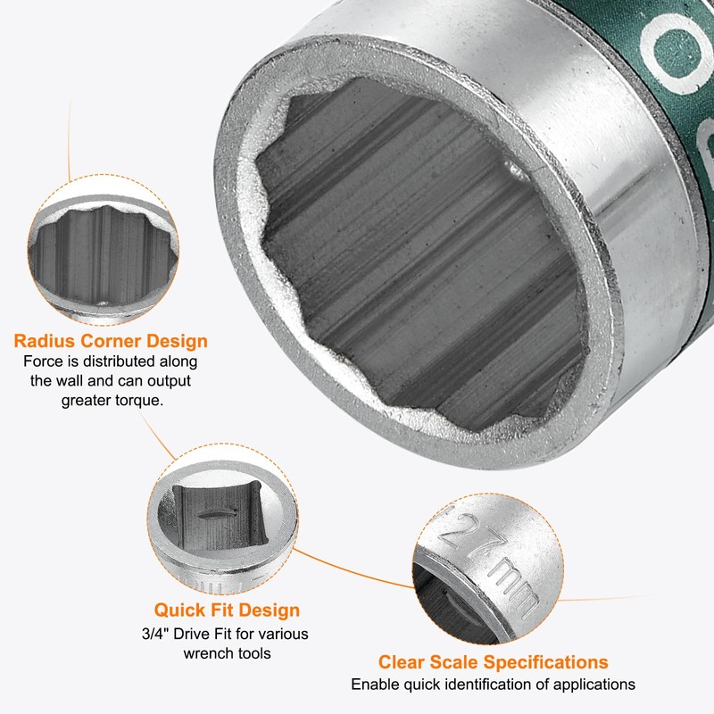 sourcing map 3/4" Drive 12 Points Socket 27mm Metric Shallow