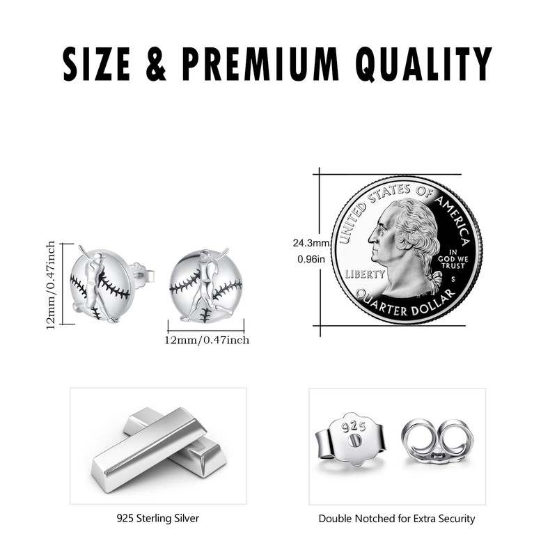 Sports Earrings for Men 925 Sterling Silver Baseball Stud Earrings,