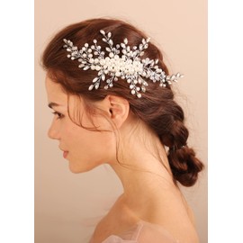 Deniferymakeup Wedding Bridal Pearl Hair Comb Vintage Something Blue Hair Accessory Updo Hair Jewelry for Women and Girls (Silver)