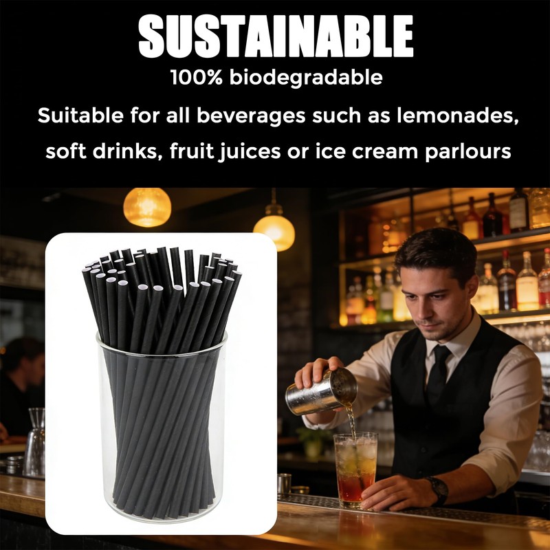 juajua Black Paper Straws, 197 x 6mm Biodegradable Paper Straws,600
