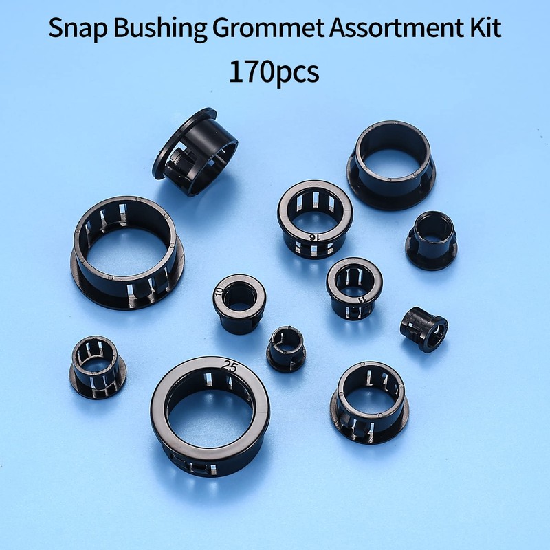 170 Pcs Cable Snap Bushing Grommets, Black Round Nylon Snap