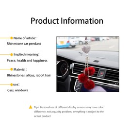 Bling Car Accessories for Women Men, Diamond Heart and Fuzzy Plush Ball, Rhinestones Diamond Car Rear View Mirror Ornaments, Lucky Hanging Pendant Interior Charm Decor for Car (Red)