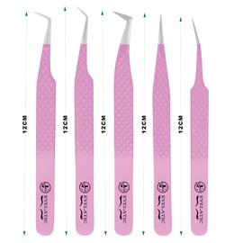 Eyelatic false Eyelash Extension Tweezers, Professional Classic And Volume Eyelash Extensions Tweezers Kits 5Pcs Pink
