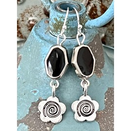 Antique Silver Flower and Black Dangle Earrings. Jewelry Earrings for Women #3298FE606