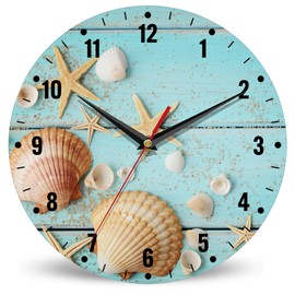 SPUNKER Wall Clocks,Seashell Starfish Wall Clock Battery Operated 10 Inch,Blue Wooden Round Clock Silent Non-Ticking Wall Decor for Farmhouse Office Home School Living Room Bedroom