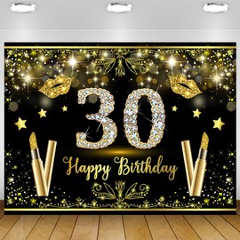 Black Gold 30th Birthday Backdrop Gold Lipstick Birthday Backdrop for Women Silver Diamond 30 Happy Birthday Backdrop Gold Star Glitter Birthday Banner Backdrop Decoration Photo Booth 7x5Ft