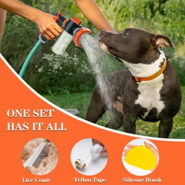 Deluxe Dog Washing Hose Attachment with Soap Dispenser Bottle, 8-Pattern Sprayer with Multiple Connectors, Suited for Pets, Cars, Lawn Care, Vinyl Siding