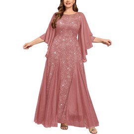 MISSMAY Women's Plus Size Sequins Lace with Ruffle Cape Cloak Sleeves Tulle Mermaid Hemline Evening Prom Long Dress