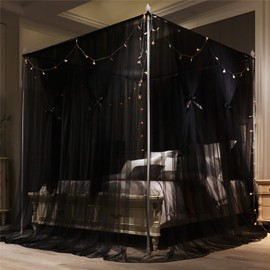 VETHIN 4 Corners Post Princess Bed Canopy Curtain Double Layer Cozy Drape Netting 4 Opening Mosquito Net for Girls & Adults Bedroom Decoration Accessories (Double Black, 64" W*82" L*82"*H/(Queen))
