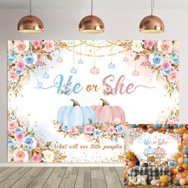 Autumn Pumpkin Gender Reveal Backdrop He or She What Will Our Little Pumpkin Be Photography Background Boy or Girl Baby Shower Newborn Gender Reveal Party Decorations Background (6X4FT (180x120cm))