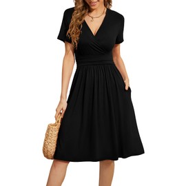 WEACZZY Summer Dress for Women Casual Short Sleeve Black Dresses Wrap V-Neck Party Dress with Pockets,Black,XL