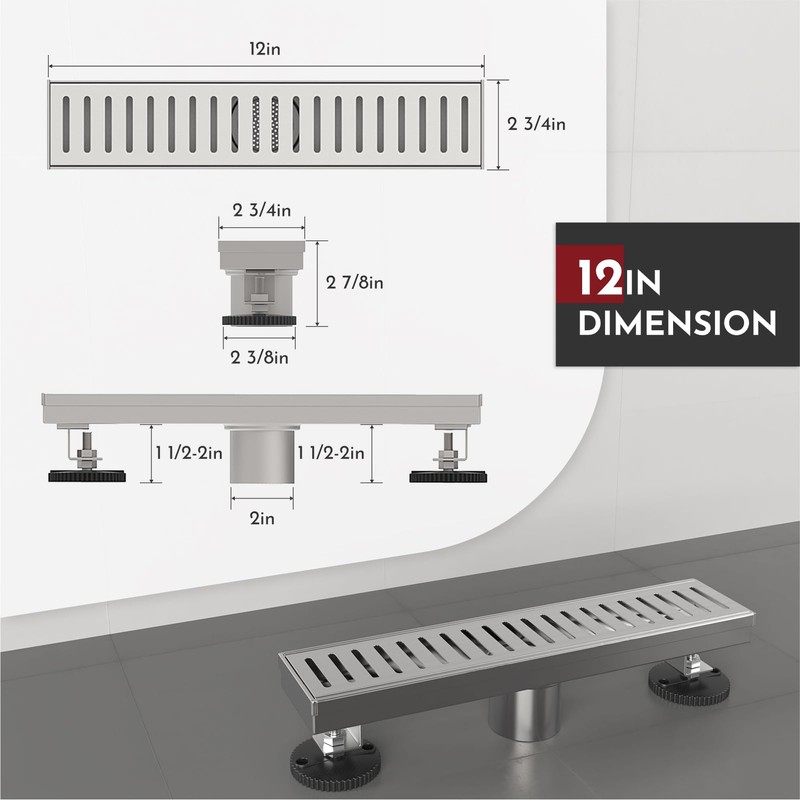 WEBANG 12 Inch Linear Shower Drain Rectangular Floor Drain with
