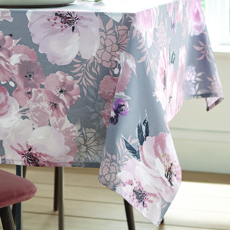 Catherine Lansfield Dramatic Floral137x229cm Wipe Clean Cotton Table Cloth Grey,
