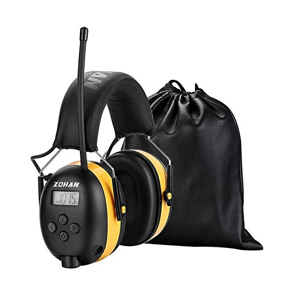 ZOHAN 042 Radio Ear Defenders, FM Safety Ear Protector Muffs, Garden Digital Hearing Protection, AM Noise Reduction Bonus Sturdy Leather Storage Bag, Ideal for Workshop, Mowing, Construction - Yellow