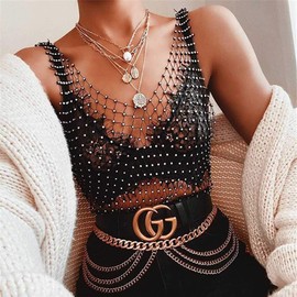Zoestar Sparkly Crystal Mesh Tops Fashion V-Neck Rhinestone Hollow Crop Top Music Festival Rave T-Shirt Costume Party Outfits Body Chain Jewelry for Women ((Black)