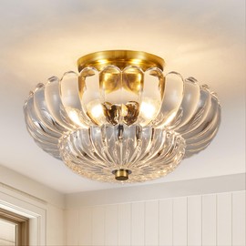 Tradetop Semi Flush Mount Ceiling Light, Gold Light Fixture Ceiling Mount with Scalloped Clear Glass Shade, 3 Lights Vintage Chandelier, Modern Farmhouse Lighting for Hallway Kitchen Bedroom Foyer,