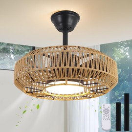 20 Inch Boho fandiliers with Lights Flush Mount Outdoor LED Rattan Caged Ceiling Fan with Light Remote Control 6 Speeds 3 Color Temp. Low Profile Fan Lights for Bedroom, Nursery, Living Room, Kitchen