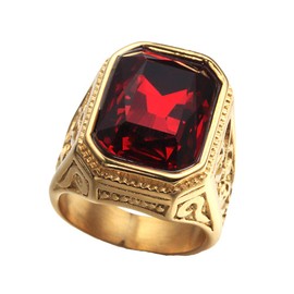 PAURO Men's Stainless Steel Vintage Wedding Promise Cubic Zirconia Ring with Big Stone Gold Red Size 13