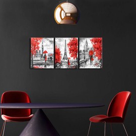 DekHome 3 Piece Paris Canvas Prints Wall Art Black and Red Romantic Couple Wall Art Decor Eiffel Tower Big Ben Scenery Picture Artwork Ready to Hang for Bathroom Living Room Decoration 12"x16"x3pcs