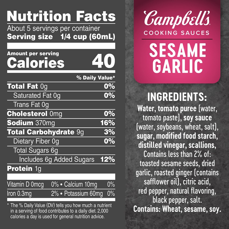 Campbell's Cooking Sauces, Sesame Garlic, 11 Oz Pouch (Pack of